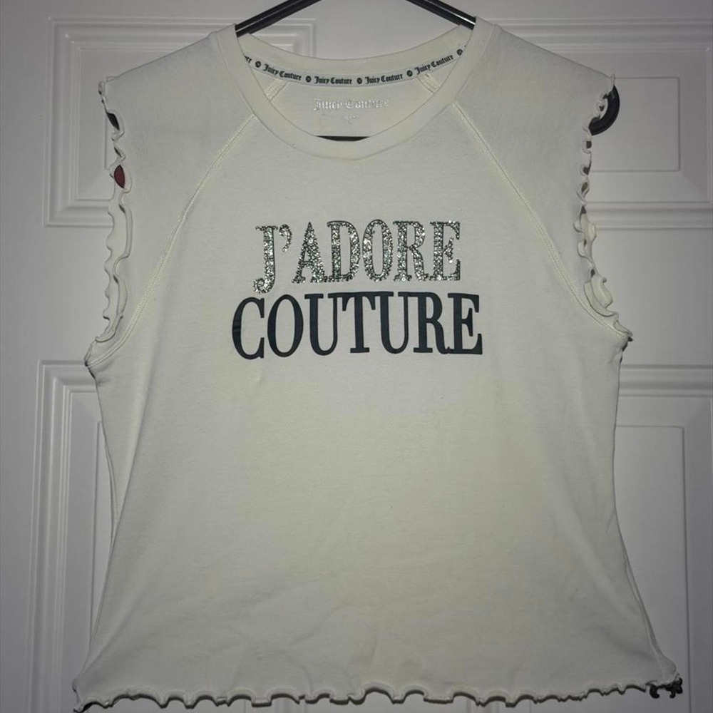 Juicy Couture white crop top with 'J'ADORE COUTURE' text, size XL Youth